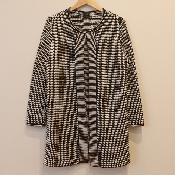 TALBOTS 100% merino wool cardigan duster open chunky knit black white Large long - Picture 2 of 12